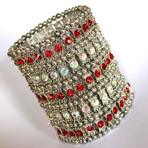 Wide Band Crystal Silver Red Bead Cuff Arm Chunky Woman Warrior Stretch Bracelet